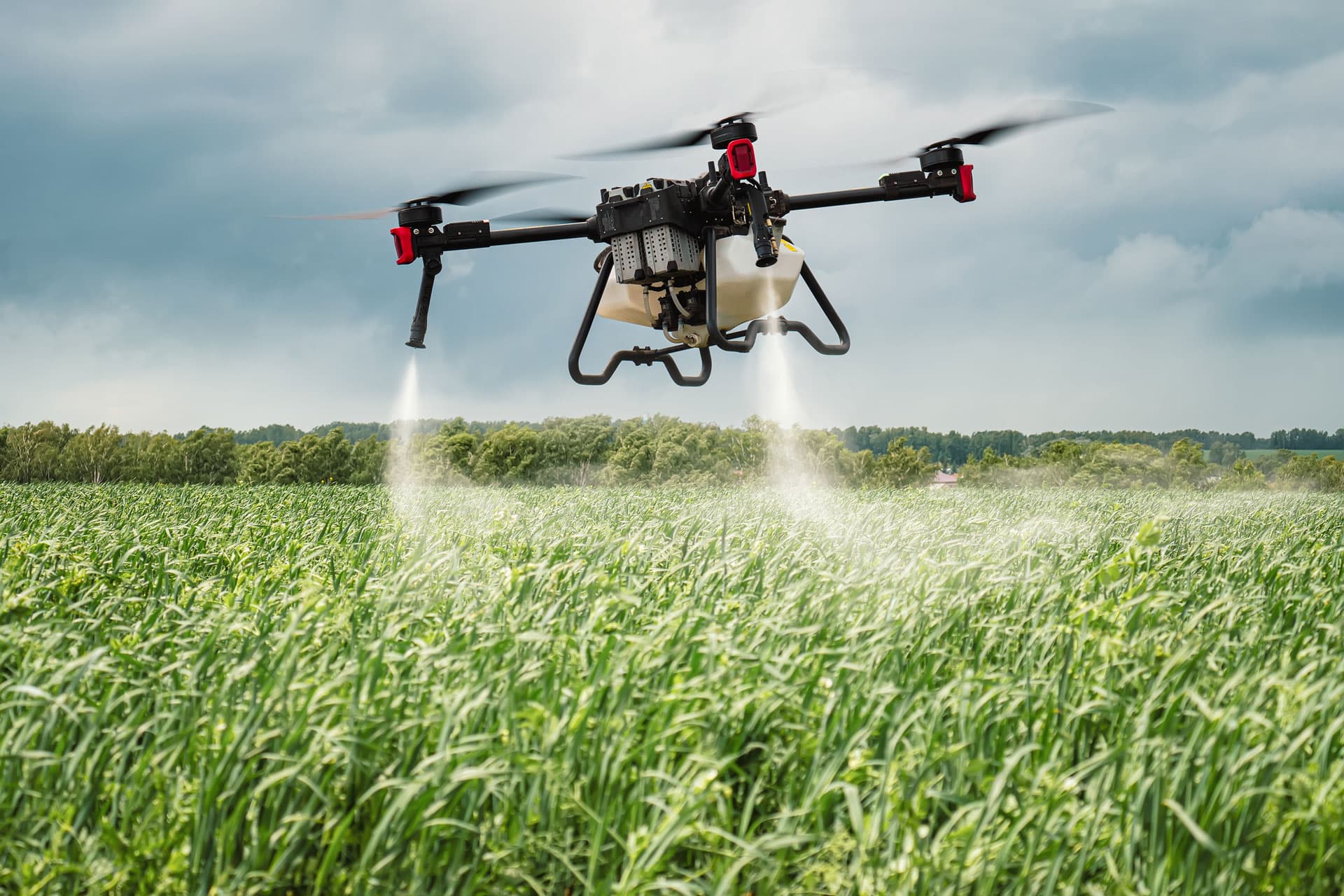 Spray drone applying product over a green field